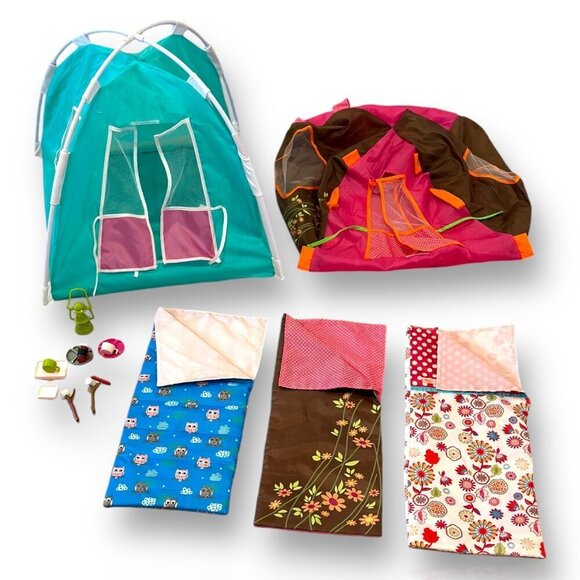 18" Doll Camping Set With 3 Sleeping Bags 2 Tents & Play Dishes - Picture 1 of 13